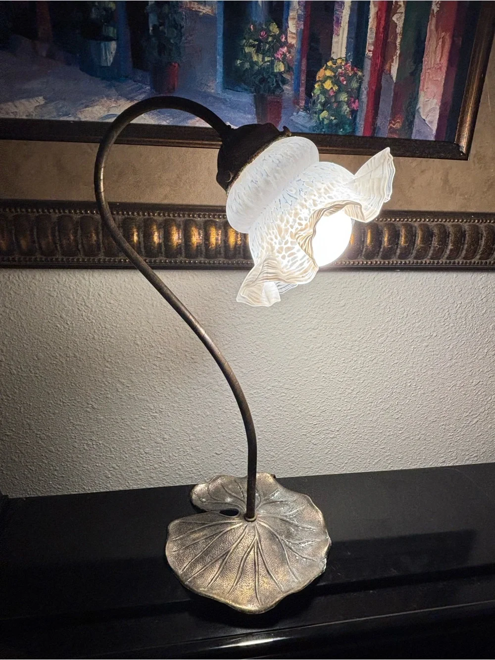 Vintage Glass Shade Table Lamp with Leaf Base